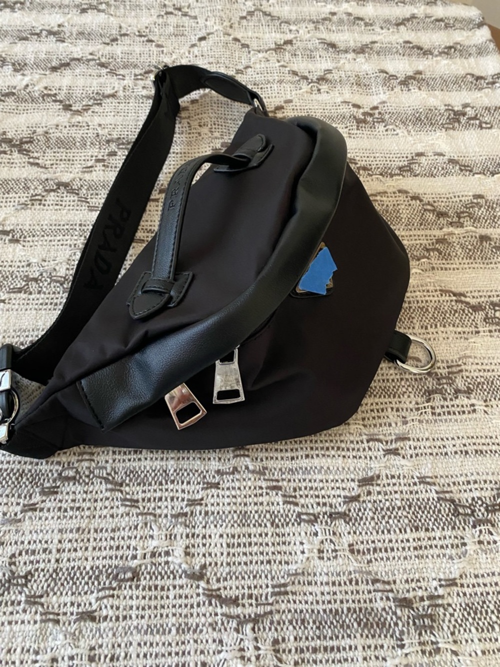 Black Nylon Belt Bag with Leather Trim and Logo Strap Handbag